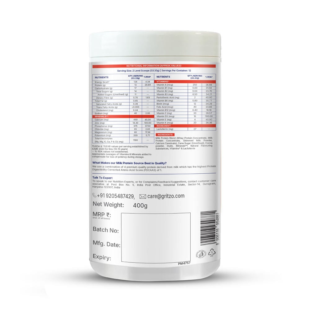 9 - Supermilk Gritzo Height+ for 13+ Yrs Boys Personalized Protein & Nutrition Drink Mix,  400 g  Double Chocolate