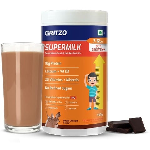 1 - Supermilk Gritzo Height+ for Boy 7-12 Yrs Personalized Protein & Nutrition Drink Mix,  400 g  Double Chocolate 