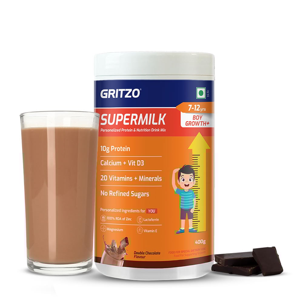 1 - Supermilk Gritzo Height+ for Boy 7-12 Yrs Personalized Protein & Nutrition Drink Mix,  400 g  Double Chocolate 