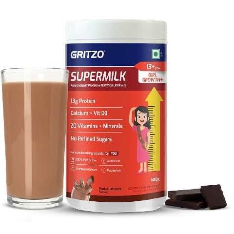 1 - Supermilk Gritzo Height+ for 13+ Yrs Girls Personalized Protein & Nutrition Drink Mix,  400 g  Double Chocolate 