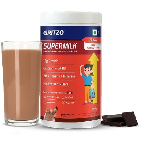 1 - Supermilk Gritzo Height+ for 13+ Yrs Boys Personalized Protein & Nutrition Drink Mix,  400 g  Double Chocolate 