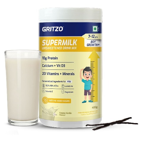 1 - Supermilk Gritzo Height+ Unsweetened for Boy 7 to 12 Years,  400 g  Creamy Vanilla 