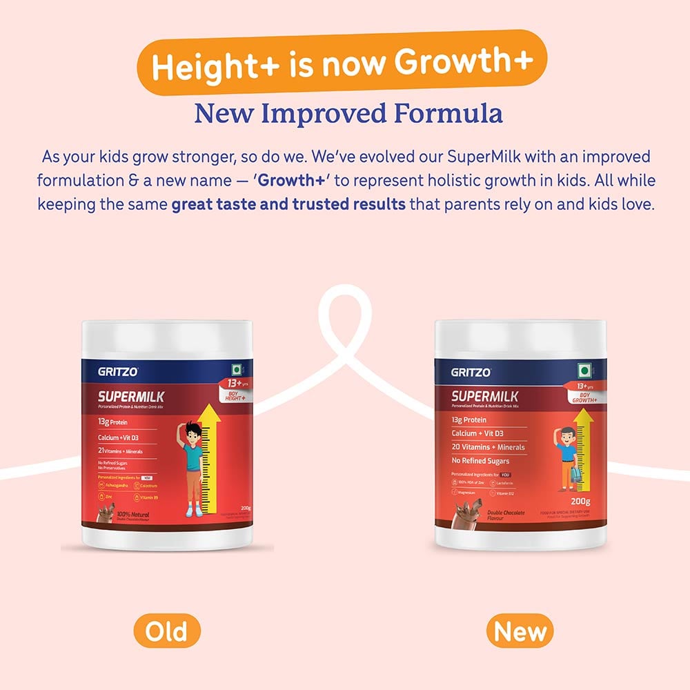 5 - Supermilk Gritzo Height+ for 13+ Yrs Boys Personalized Protein & Nutrition Drink Mix,  200 g  Double Chocolate