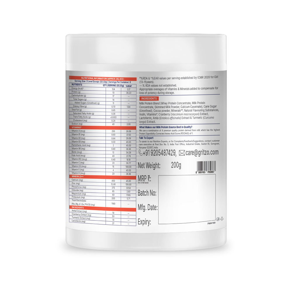 12 - Supermilk Gritzo Height+ for 13+ Yrs Girls Personalized Protein & Nutrition Drink Mix,  200 g  Double Chocolate