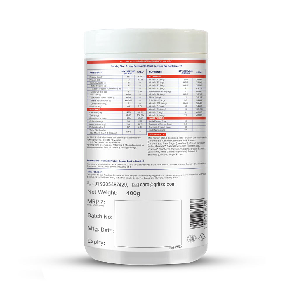 2 - Supermilk Gritzo Height+ for 13+ Yrs Girls Personalized Protein & Nutrition Drink Mix,  400 g  Cafe Mocha