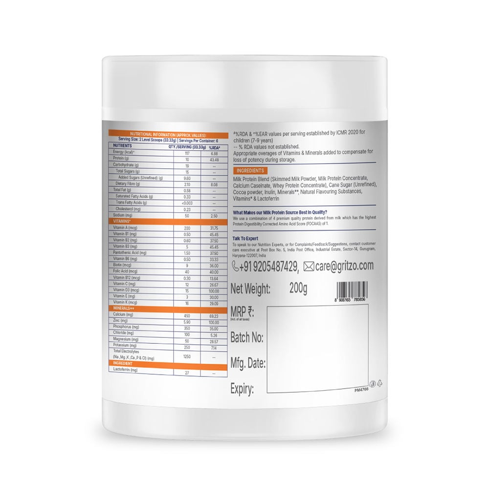 11 - Supermilk Gritzo Height+ for Boy 7-12 Yrs Personalized Protein & Nutrition Drink Mix,  200 g  Double Chocolate