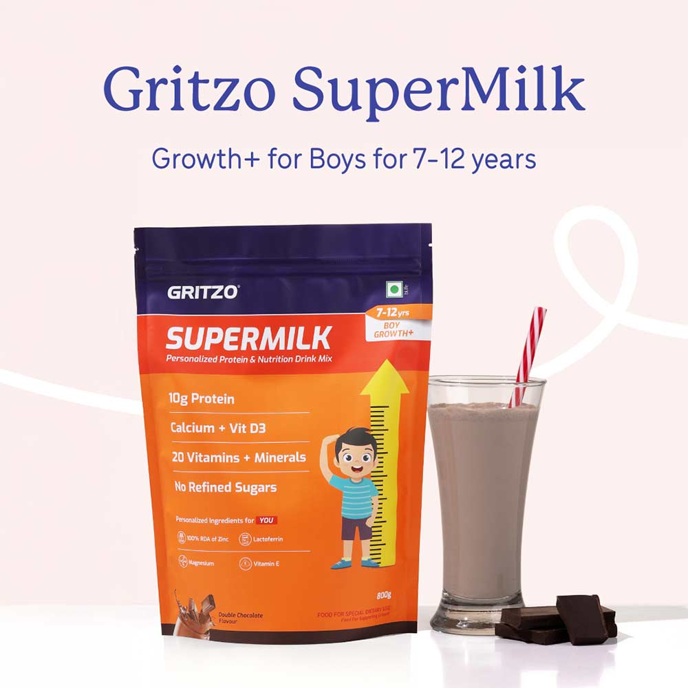 2 - Supermilk Gritzo Height+ for Boy 7-12 Yrs Personalized Protein & Nutrition Drink Mix,  800 g  Double Chocolate