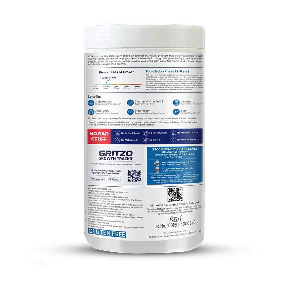 11 - Supermilk Gritzo Height+ for Boy/Girl 2-6 Yrs Personalized Protein & Nutrition Drink Mix, 400 g Double Chocolate