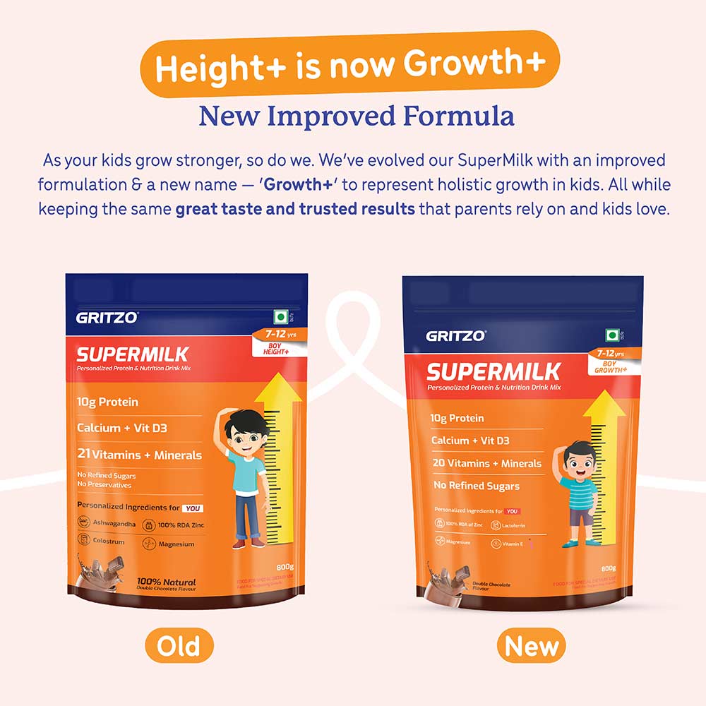 3 - Supermilk Gritzo Height+ for Boy 7-12 Yrs Personalized Protein & Nutrition Drink Mix,  800 g  Double Chocolate
