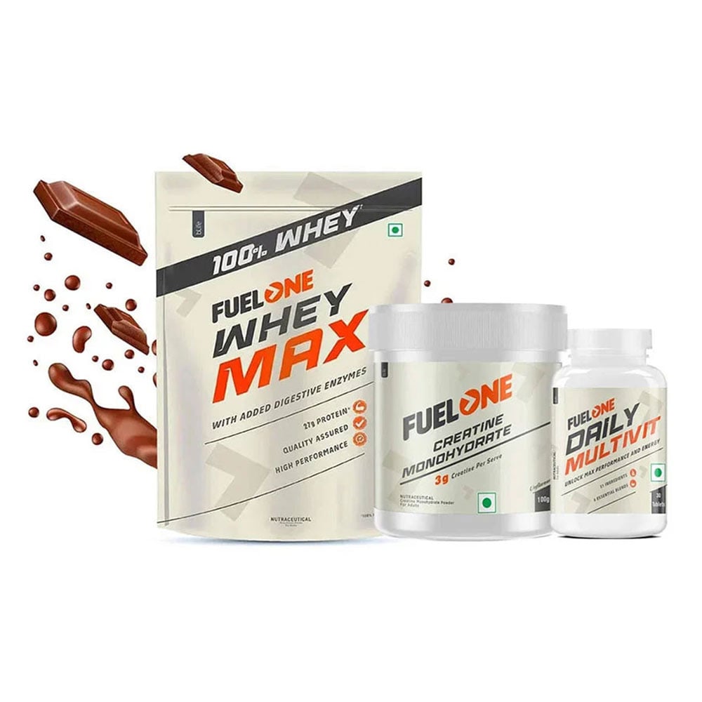 Fuel One Whey Max 1kg Chocolate (Pouch) & Creatine Monohydrate 100g & Daily Multivitamin 30 Tabs Combo