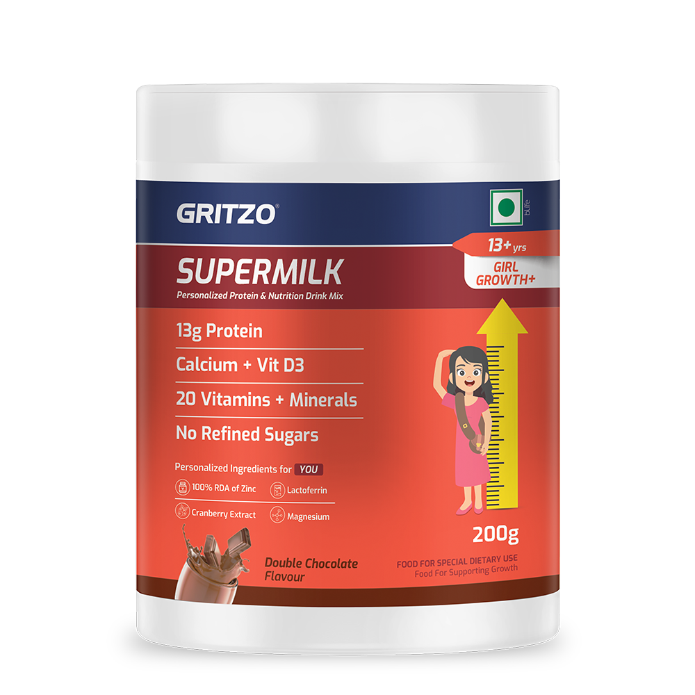 Supermilk Growth+(Formerly Height+) for Girl 13+ years, 200 g Double Chocolate 13+ Yrs Girl Growth+(Formerly Height+) With Unrefined Sugar
