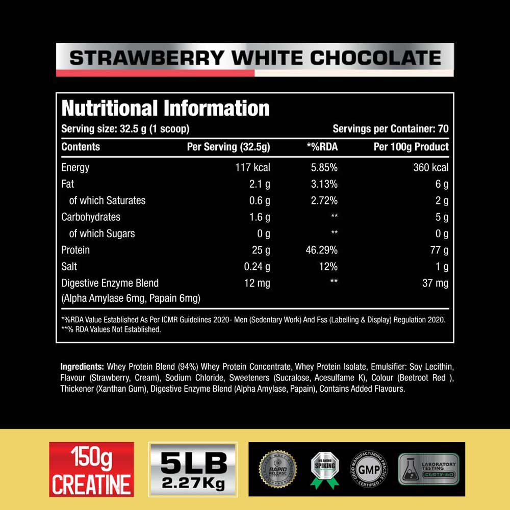 One Science 100% Premium Whey Protein,  5 lb  Strawberry White Chocolate - with Free 150g Creatine 