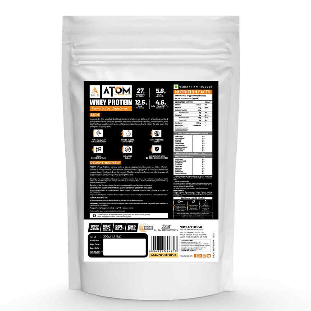 1 - AS-IT-IS Nutrition ATOM Whey Protein with Enzymes,  1.1 lb  Mango Fusion 
