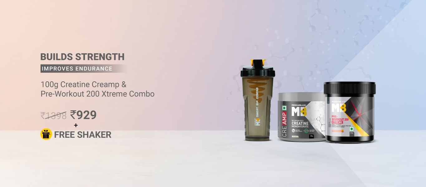 MuscleBlaze Creatine Monohydrate CreAMP & PRE Workout 200 Xtreme 0.22 lb Combo @ 929 + Free Shaker