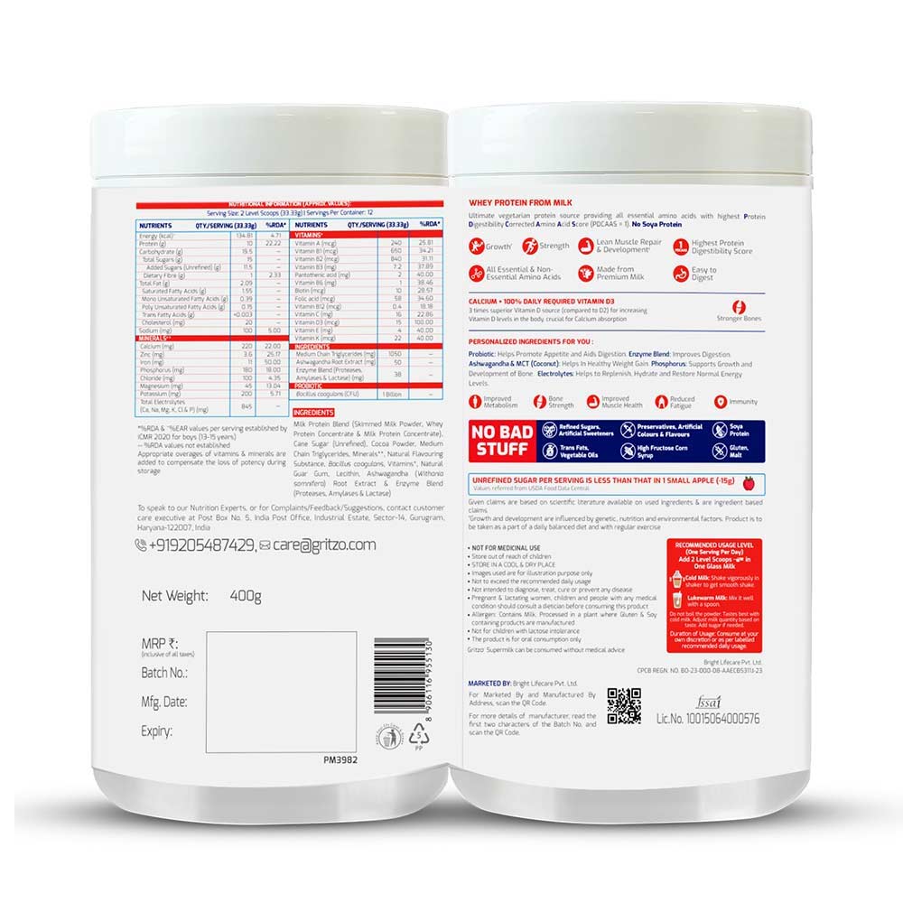 6 - Gritzo Supermilk Personalized Protein & Nutrition Drink 13+yrs Boys Weight + OP,  400 g  Double Chocolate 