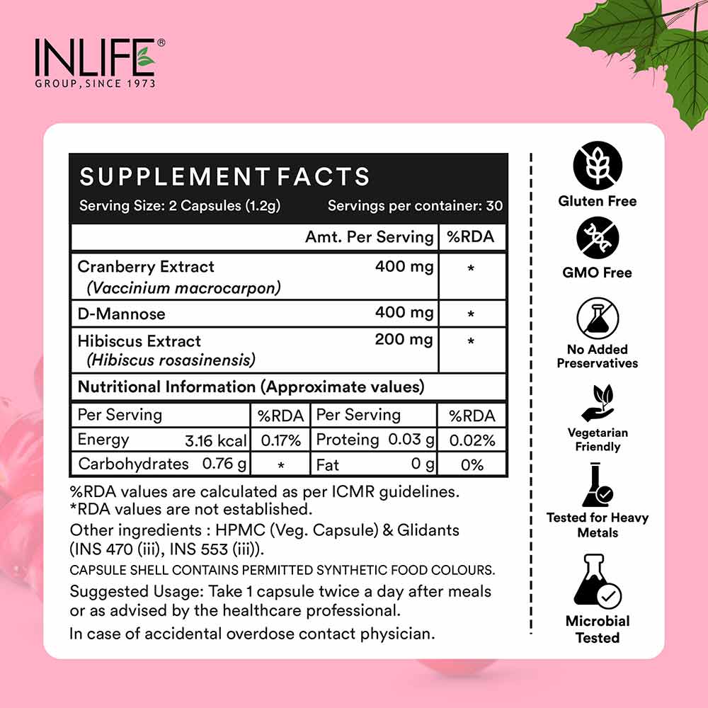 6 - INLIFE Cranberry D Mannose Hibiscus,  60 capsules 