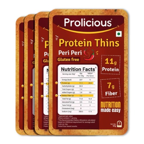 1 - Prolicious Protein Thins Snack Chips, Peri Peri (Pack of 4) 50 g