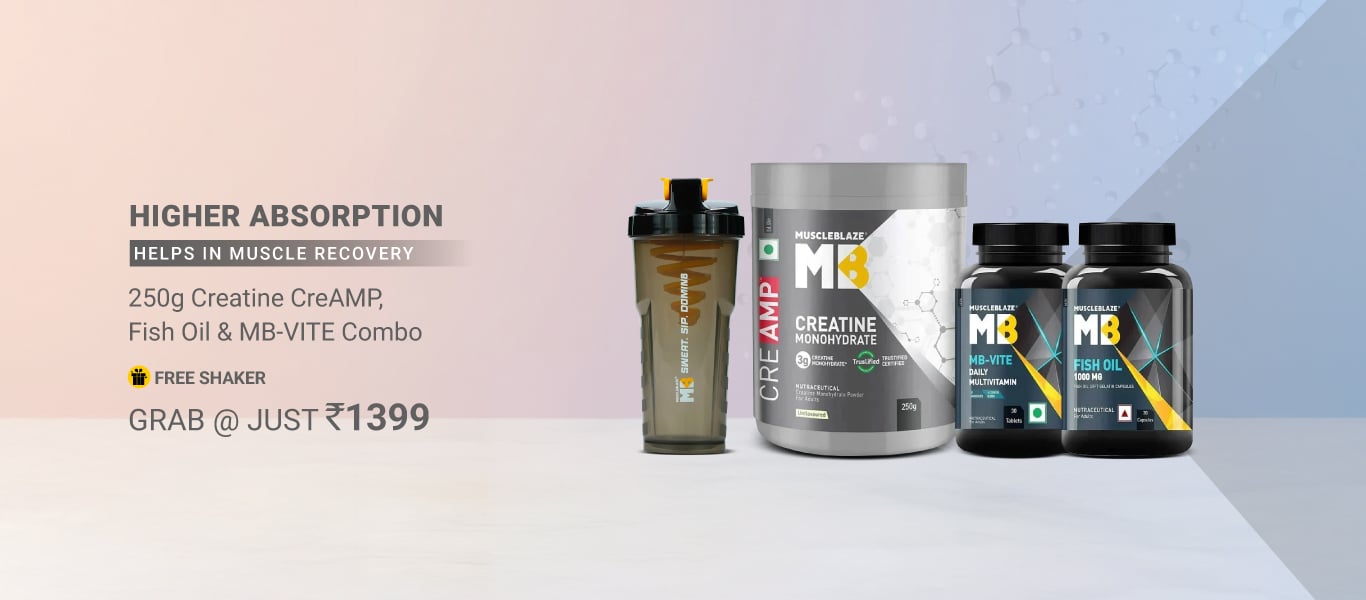 MuscleBlaze Creatine Monohydrate CreAMP 0.55 lb & Fish Oil & MB-VITE 30 Tabs Combo @ 1399 + Free Shaker