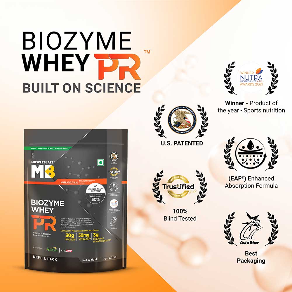 7 - MuscleBlaze Biozyme Whey PR,  2.2 lb  Refill Pouch Molten Chocolate Cake