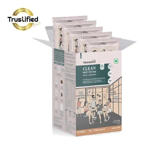 TrueBasics Clean Whey Protein (Isolate + Concentrate), 0.39 lb Coffee Pack of 5 (35 g x 5)