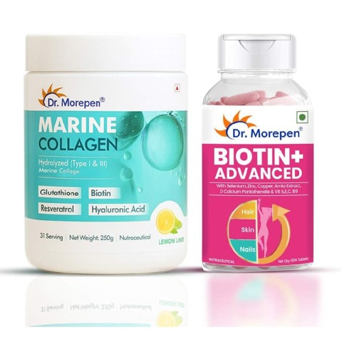 1 - Dr. Morepen Biotin+ Advanced 60 Tablets & Marine Collagen 250g Combo,  2 Piece(s)/Pack  Unflavoured & Chocolate 