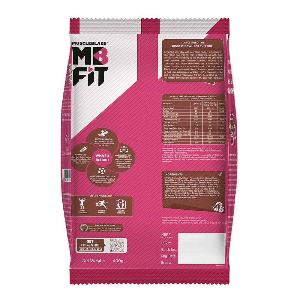 7 - MuscleBlaze High Protein Muesli,  0.4 kg  Dark Chocolate & Cranberry 