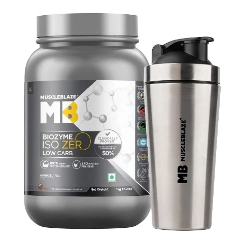 MuscleBlaze Biozyme Iso-Zero 1 kg & Gym Steel Shaker 700 ml Combo