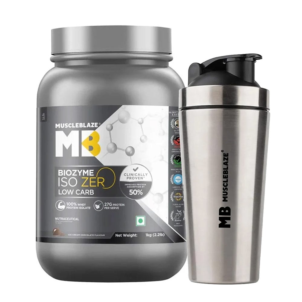 MuscleBlaze Biozyme Iso-Zero 1 kg & Steel Shaker 700 ml Combo-picture-2