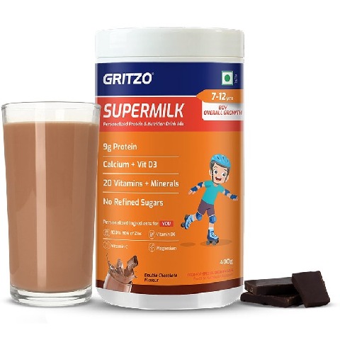 15 - Supermilk Gritzo Overall Growth for Boy 7-12 Yrs Protein & Nutrition Drink Mix,  400 g  Double Chocolate 