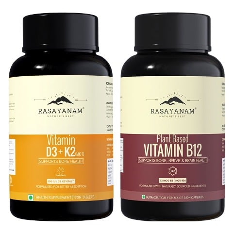 Rasayanam Vitamin D3 K2 (MK-7) 120 Tablets & Plant Based Vitamin B12 Combo, 60 capsules Unflavoured
