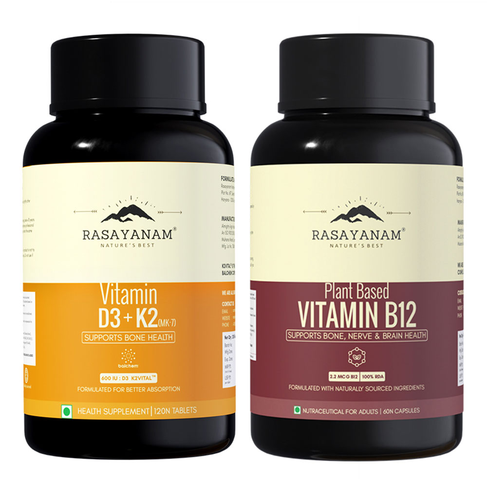 Rasayanam Vitamin D3 K2 (MK-7) 120 Tablets & Plant Based Vitamin B12 Combo, 60 capsules Unflavoured