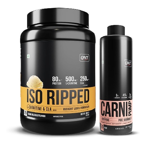 QNT ISO Ripped & Carnipump Ripping Pre-workout 500 ml Peach Combo, 2.2 lb Kesar Malai Kulfi