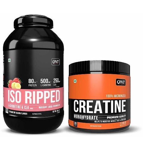 QNT ISO Ripped & Creatine Monohydrate Unflavoured 0.198 lb Combo, 4.4 lb Strawberry Banana