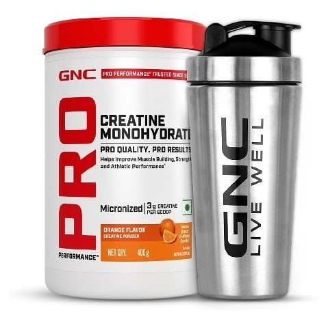 1 - GNC Pro Performance Pure Micronized Creatine Monohydrate, Orange with Steel Shaker 750ml 0.88 lb