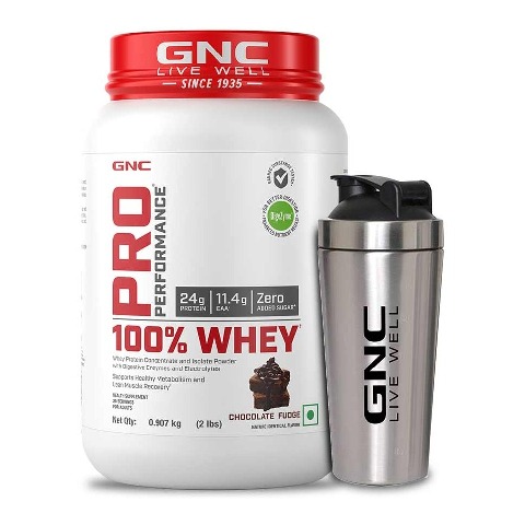 1 - GNC Pro Performance 100% Whey Protein,  2 lb  Chocolate Fudge with Steel Shaker 750ml Combo 