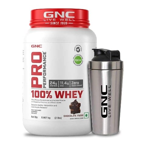 1 - GNC Pro Performance 100% Whey Protein & Steel Shaker Silver 750ml Combo, 2 lb Chocolate Fudge