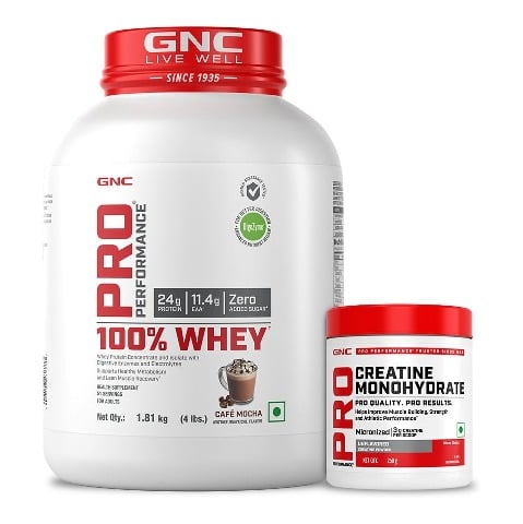 1 - GNC Pro Performance 100% Whey Protein,  4 lb  Cafe Mocha with Creatine Monohydrate 0.55 lb Combo 
