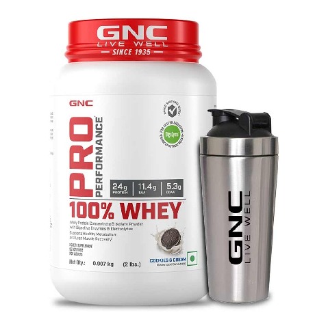 1 - GNC Pro Performance 100% Whey Protein & Steel Shaker Silver 750ml Combo, 2 lb Cookies & Cream