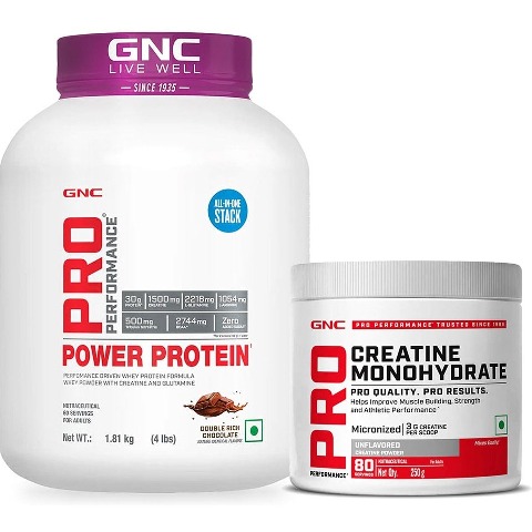 GNC Pro Performance Power Protein 4 lb Double Rich Chocolate & Pure Micronized Creatine Monohydrate Unflavoured 0.55 lb