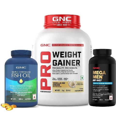GNC Pro Performance Weight Gainer 6.6 lb Vanilla Ice Cream & Mega Men One Daily Multivitamin 60 Tabs with Triple Strength Fish Oil 60 Softgels