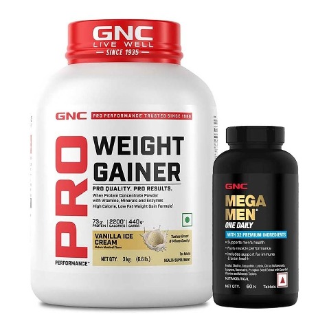 GNC Pro Performance Weight Gainer 6.6 lb Vanilla Ice Cream & Mega Men One Daily Multivitamin 60 Tablets
