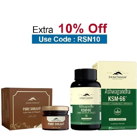 Rasayanam Ashwagandha KSM-66 60 Capsules & Pure Himalayan Shilajit Combo, 20 g