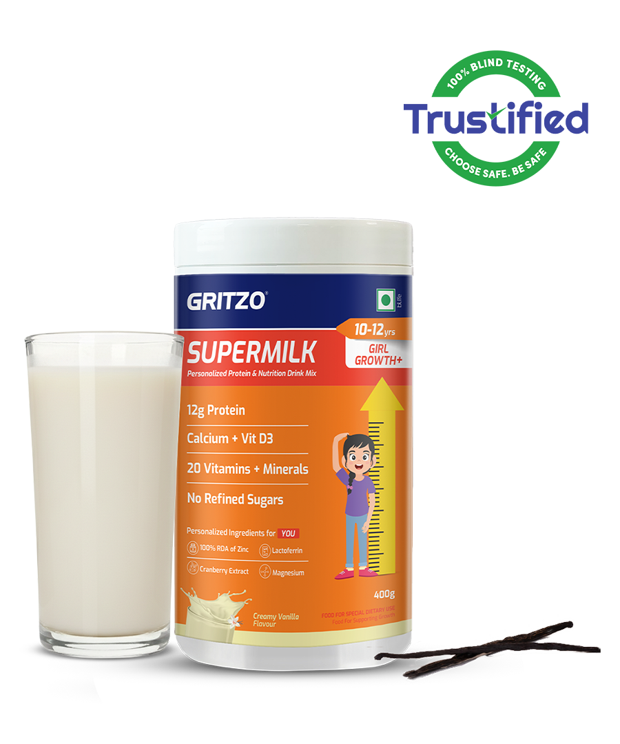 Supermilk Growth+ for Girl 10 to12 Yrs, 400 g Creamy Vanilla 10-12 Yrs Girl Growth+ With Unrefined Sugar