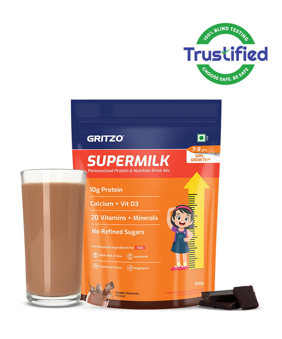 Supermilk Growth+ for Girl 7 to 9 years, 800 g Double Chocolate 7-9 Yrs Girl Growth+ With Unrefined Sugar