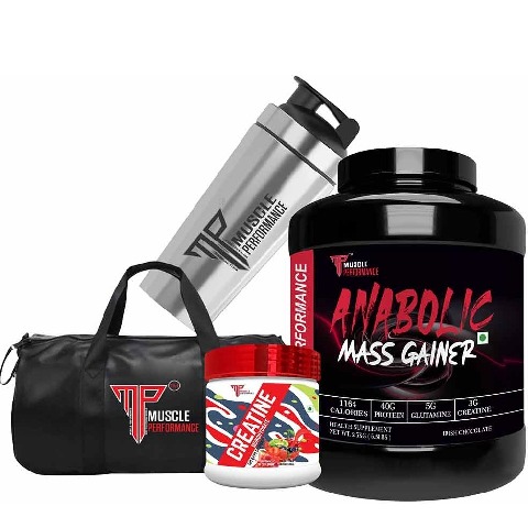 1 - Muscle Performance Anabolic Mass Gainer with Creatine Monohydrate 0.66 lbs, Steel Shaker & Gym Bag Combo,  5.5 lb  Irish Chocolate 