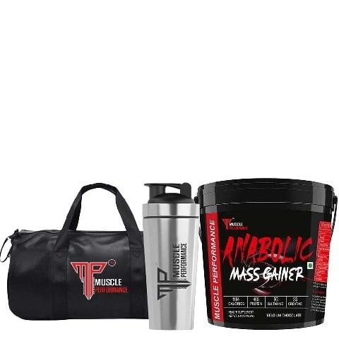 1 - Muscle Performance Anabolic Mass Gainer with Steel Shaker & Gym Bag Combo,  11 lb  Belgium Chocolate 