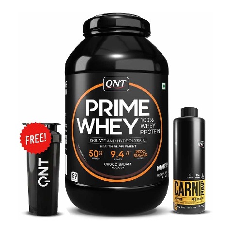 1 - QNT Prime Whey, Carnipump Ripping Pre-workout 500 ml Navel Orange & Plastic Protein Shaker Black 700ml Combo,  4.4 lb  Choco Badam 