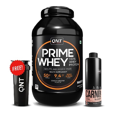 1 - QNT Prime Whey, Carnipump Ripping Pre-workout 500 ml Peach & Plastic Protein Shaker Black 700ml Combo,  4.4 lb  Choco Badam 