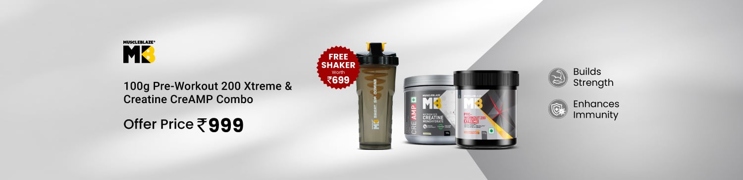 MuscleBlaze PRE Workout 200 Xtreme & Creatine Monohydrate CreAMP 100g & Shaker Combo | Offer Price - 999 + Free Shaker
