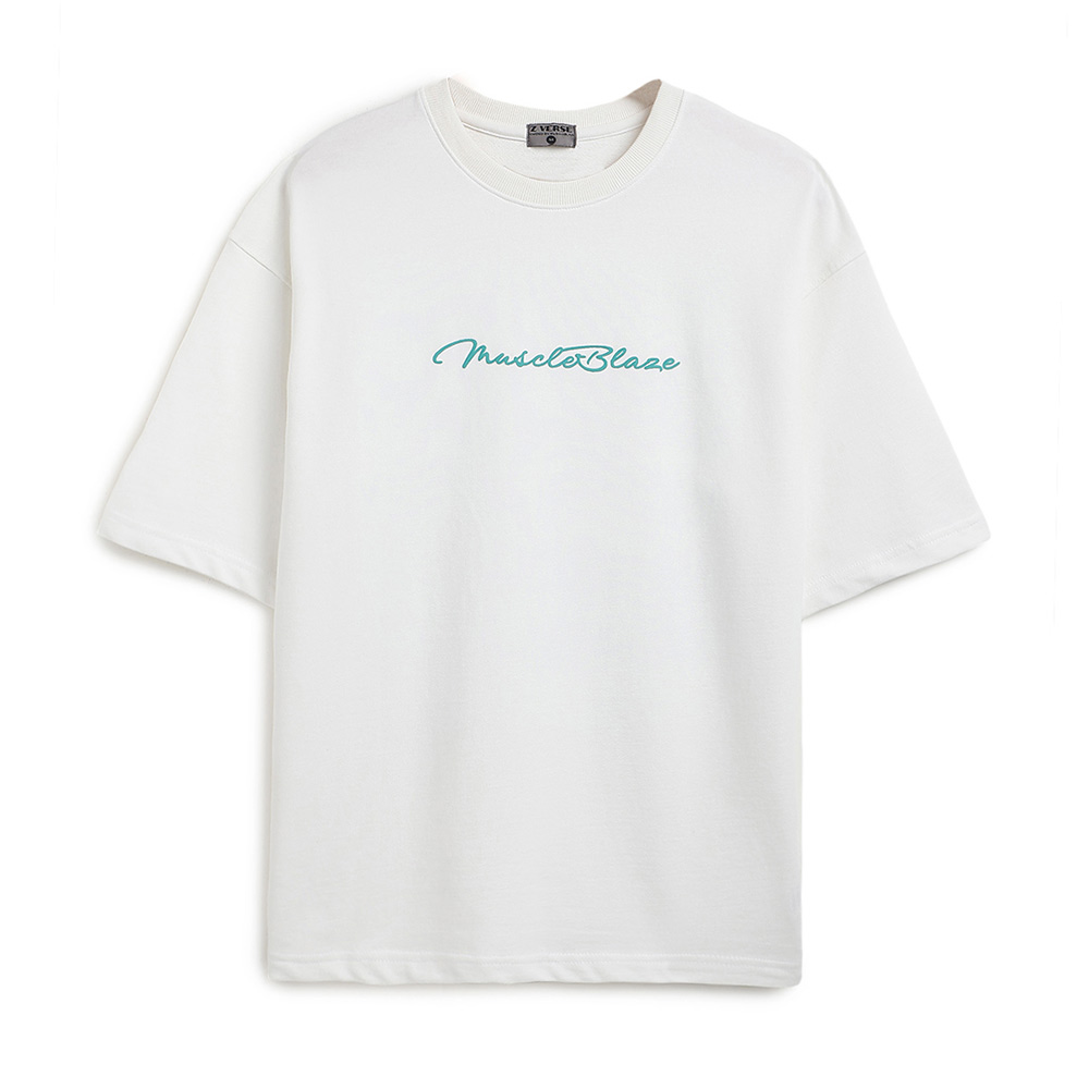 4 - MuscleBlaze Natty But Tasty Avocado Oversized Solid T-Shirt,  Medium  White